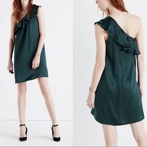 Madewell-NWT-100% Silk One Shoulder Dress Dark Green PolkaDot Ruffle Neck-Size 2